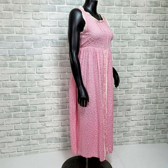 Vintage 80s 90s Pink Linen Cottagecore Prairie Sun Dress Sheer Floral Pattern - Picture 6 of 10